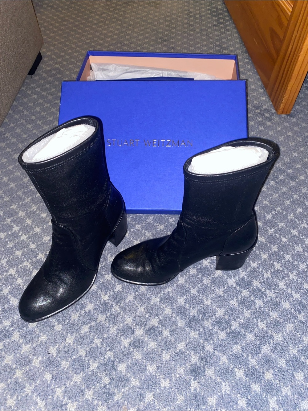 Stuart Weitzman Black Leather Mid-Calf Block Heel Boots